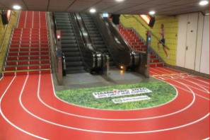 At Hamburgs Jungfernstieg, stairs that have been converted into running tracks, who wouldn't to take a race with their friends on these? (Image Credit: http://www.trackarena.com/24017/news-hamburgs-underground-turned-into-a-track)